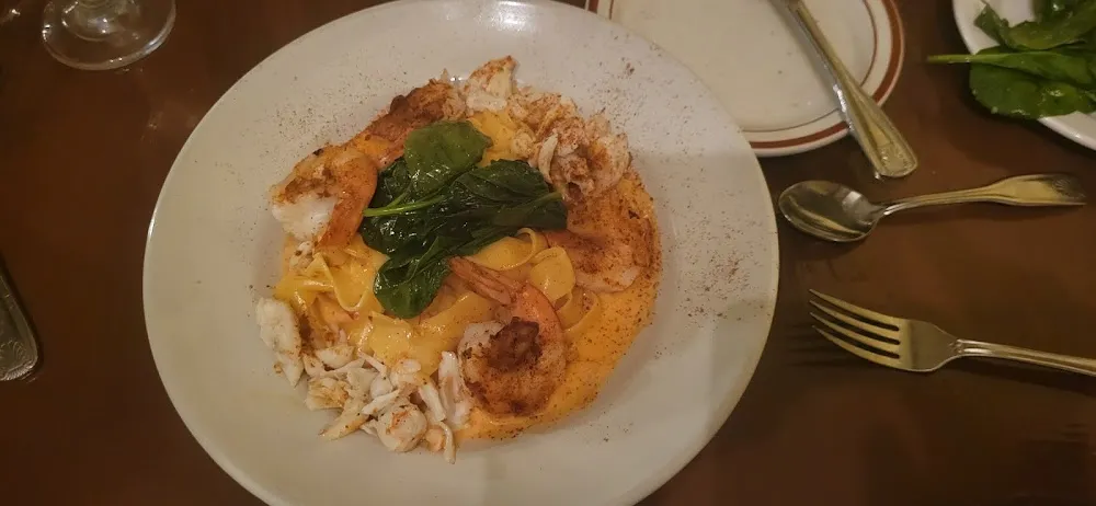 Jumbo Shrimp Crab & Spinach over Homemade Pasta in Lobster Sauce